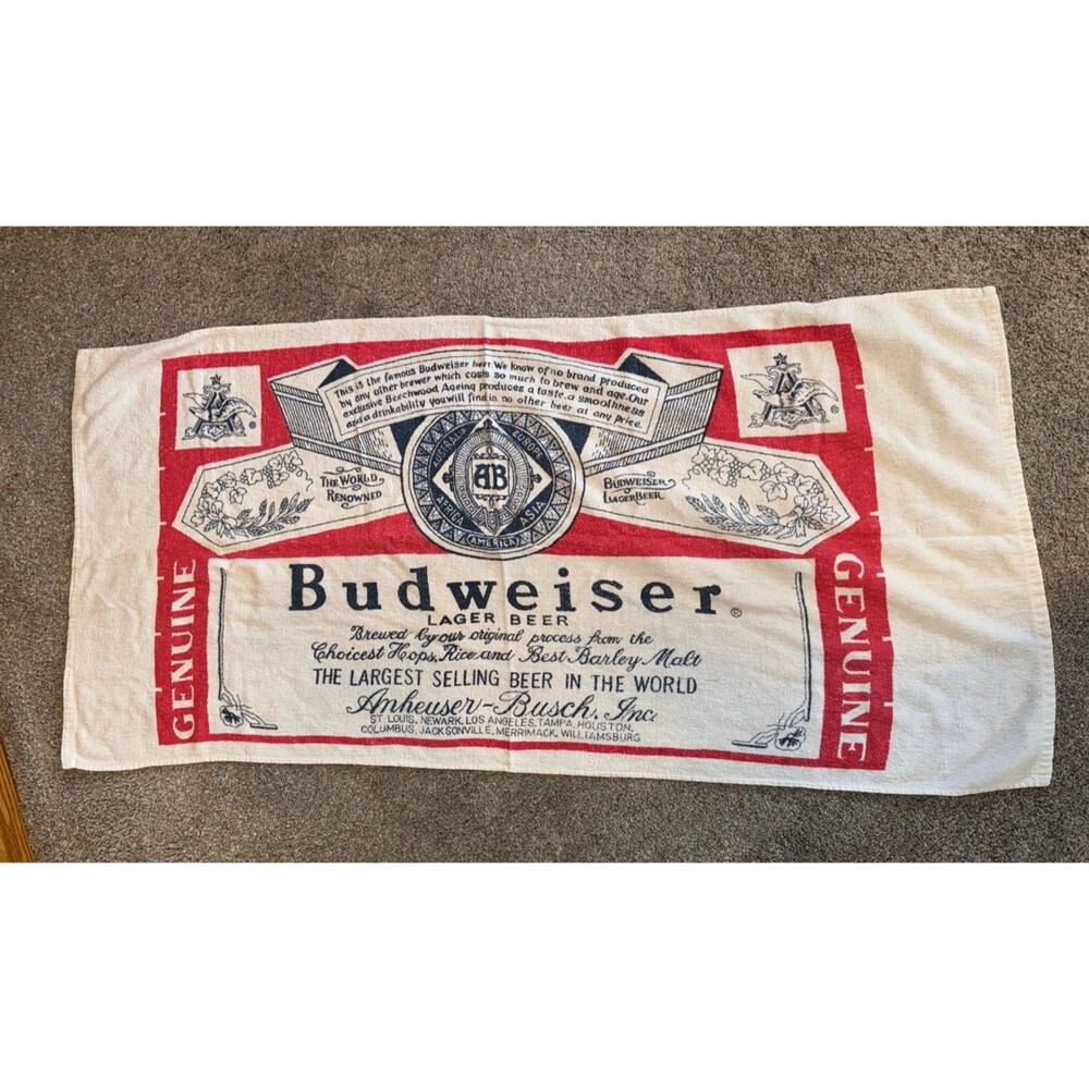 Vtg Budweiser Lager Beer Bar Towel 51x25”  Anheuser-Busch Promo Decor Lt Weight